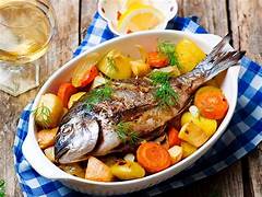 Poisson au Four servi avec ses Légumes